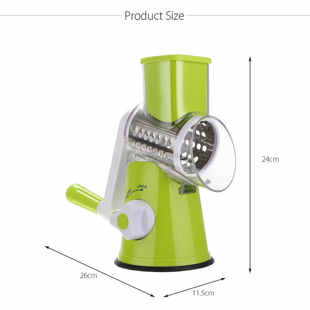 Round mandoline slicer with three stainless steel blades and a suction base in blue green, green, or red