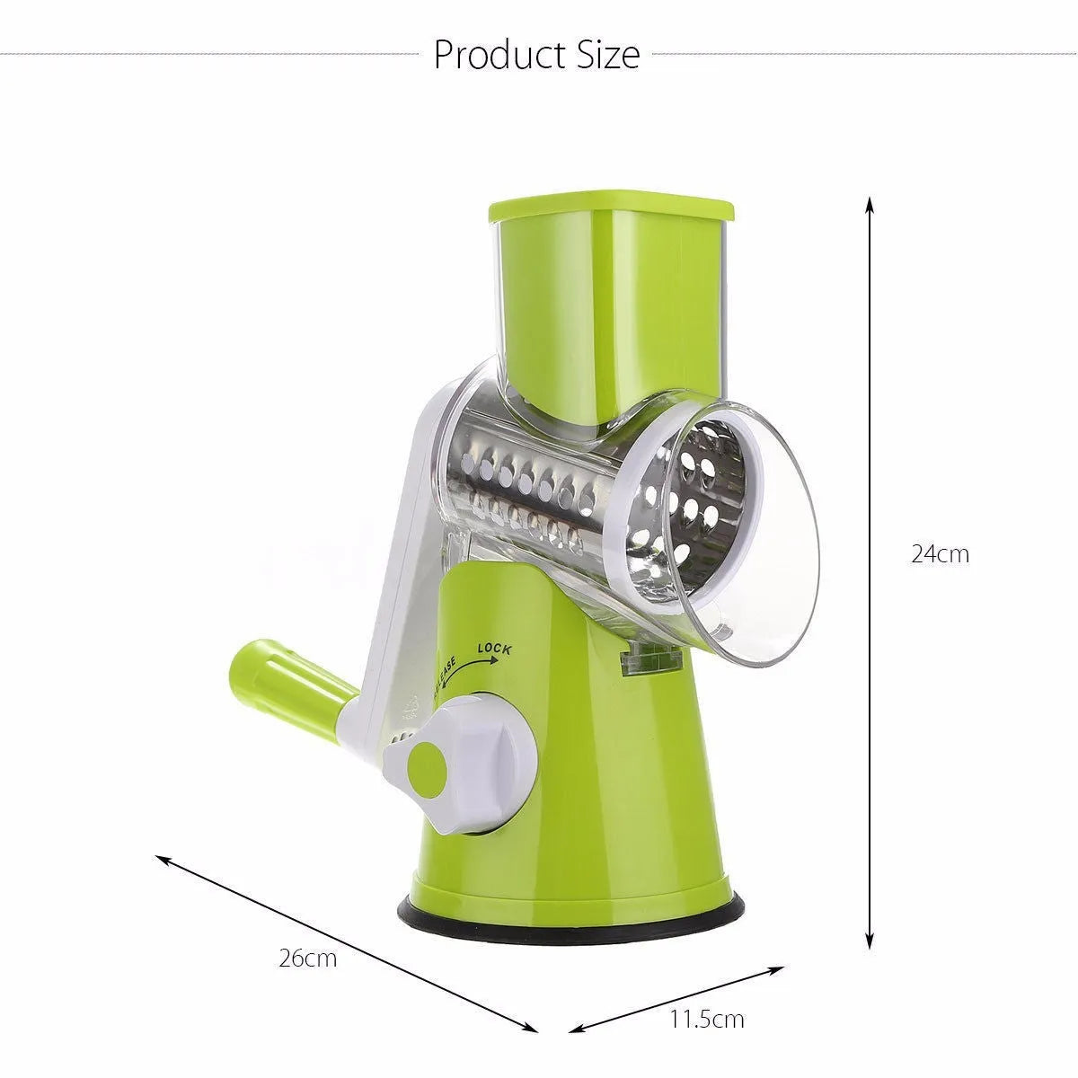 Round mandoline slicer with three stainless steel blades and a suction base in blue green, green, or red