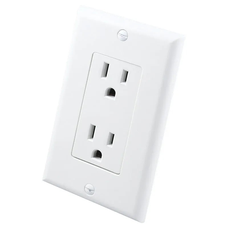 White plug-in LED night light installed in a wall socket as an automatic sensor light for dark hallways.