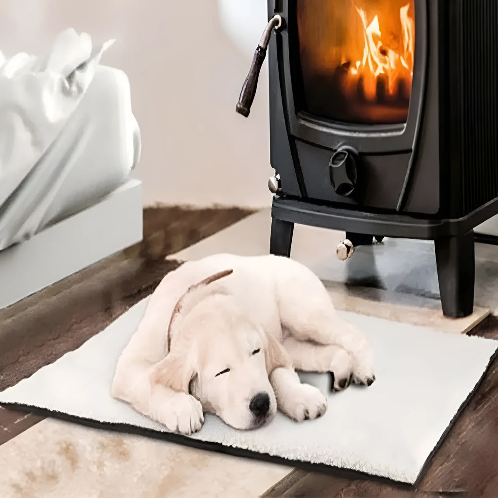 Beige self-heating pet blanket with faux lambswool on a dog bed, no electricity needed, size 64cm x 49cm