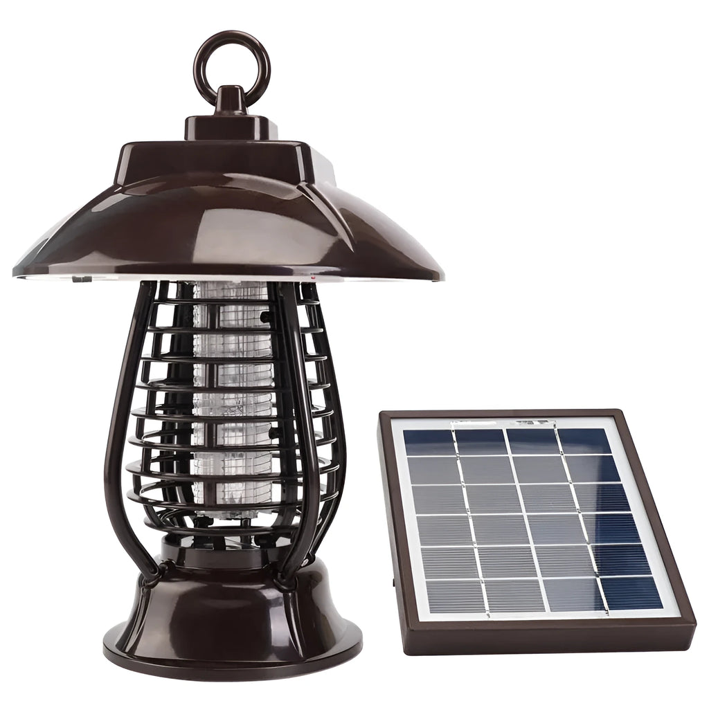 Black solar-powered electronic mosquito lamp with solar panel on top for outdoor garden use.
