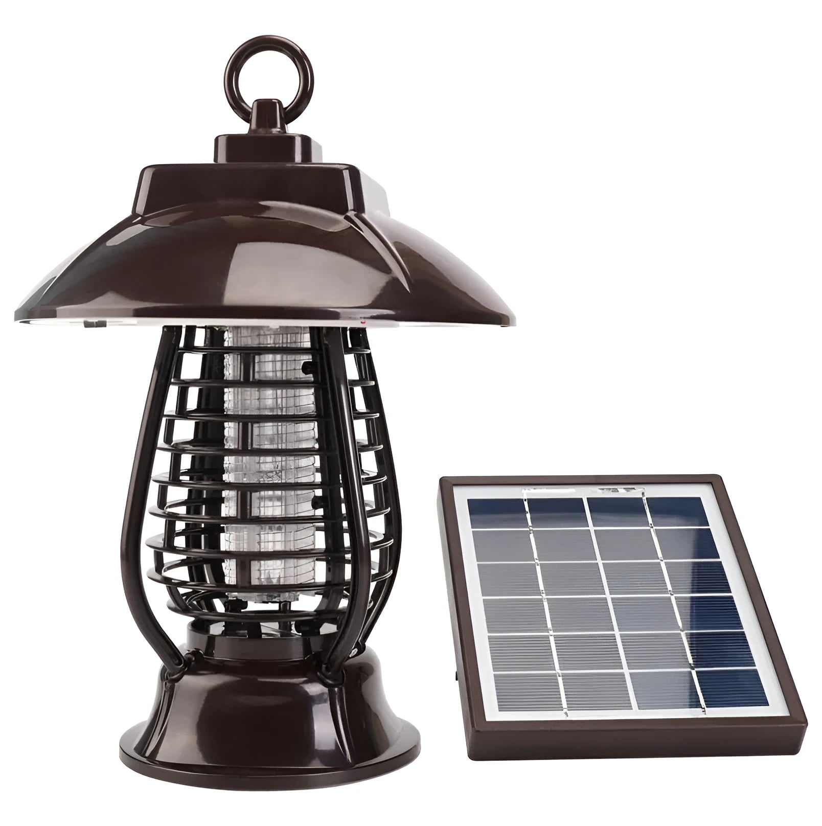 Black solar-powered electronic mosquito lamp with solar panel on top for outdoor garden use.