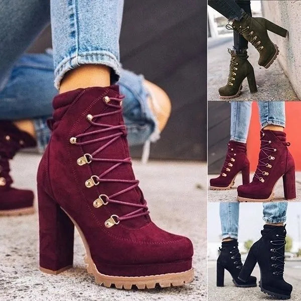 Women's suede high heel boots in army green colour with thick platform and round toe design