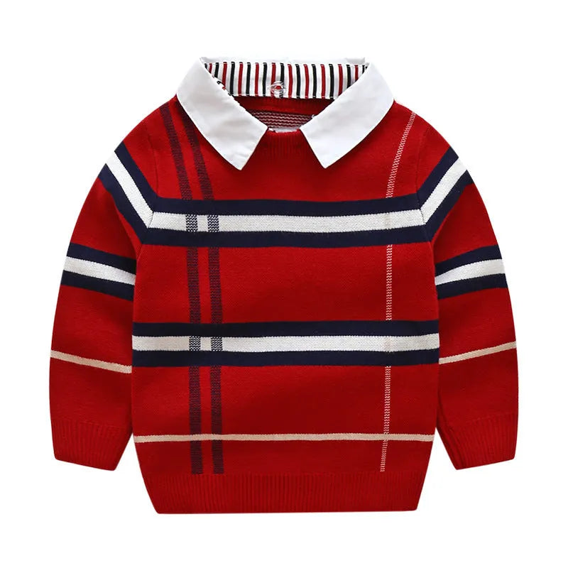 Boys apricot and navy blue plaid jacquard cotton sweater with long sleeves