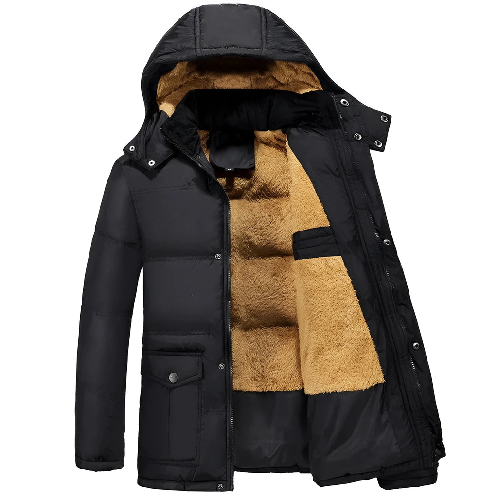 Men's black velvet padded hooded jacket with a double-breasted front on a hanger.