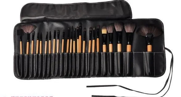 24 professional makeup brushes with man-made fibre heads and wooden handles in PU gift bag
