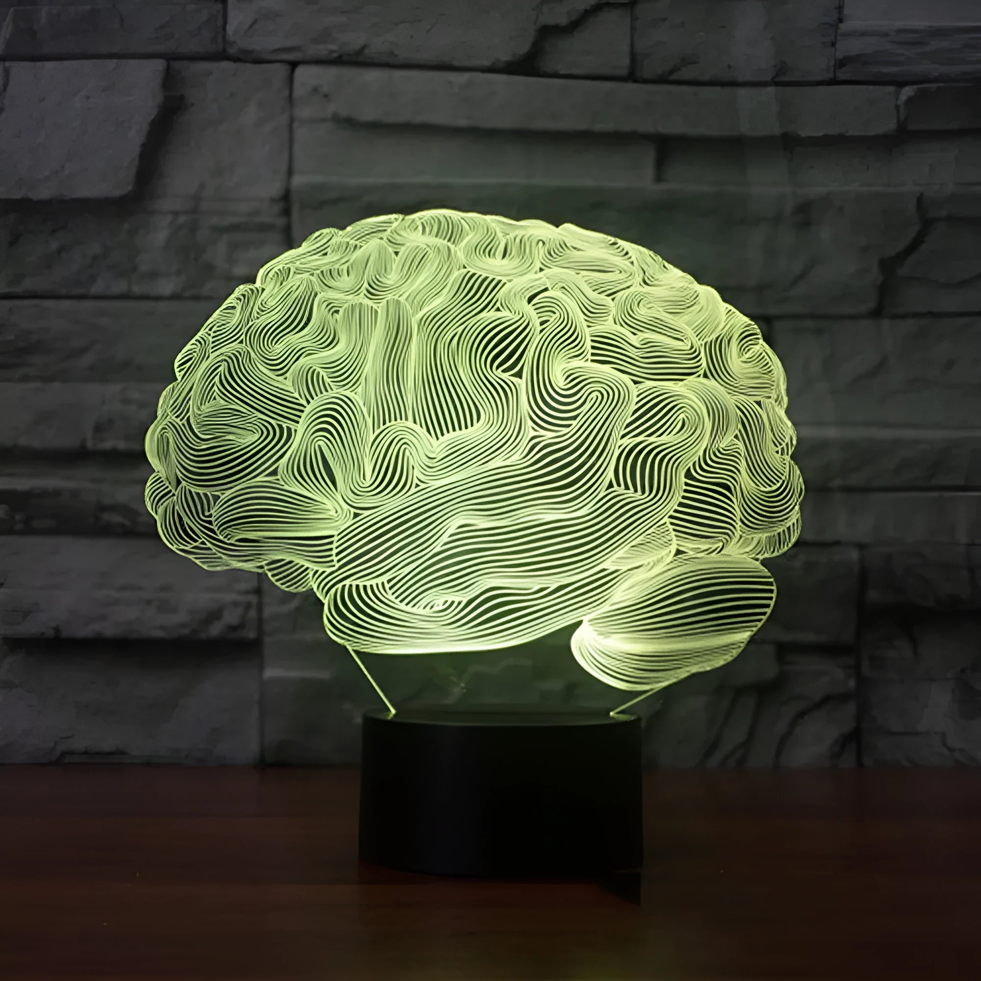 Brain-shaped 3D LED acrylic desk lamp with remote control showing colour-changing illumination