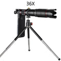 Black 36x telephoto lens attachment for mobile phones, shown with a phone.