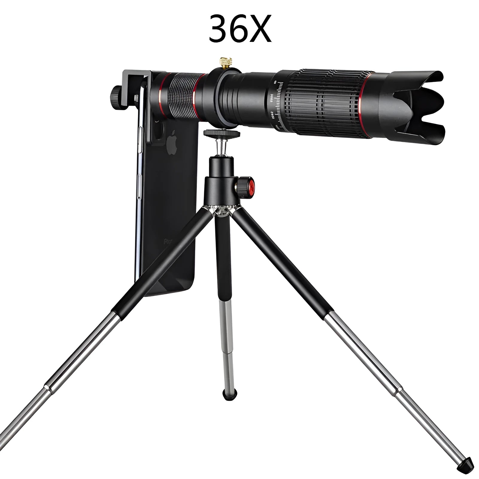 Black 36x telephoto lens attachment for mobile phones, shown with a phone.