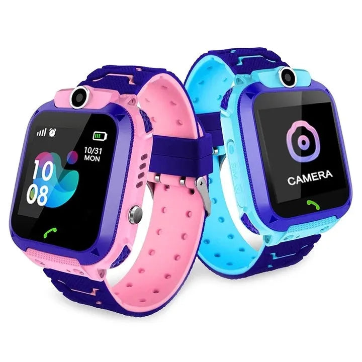 Children's phone watch with touch screen and camera in blue on child's wrist