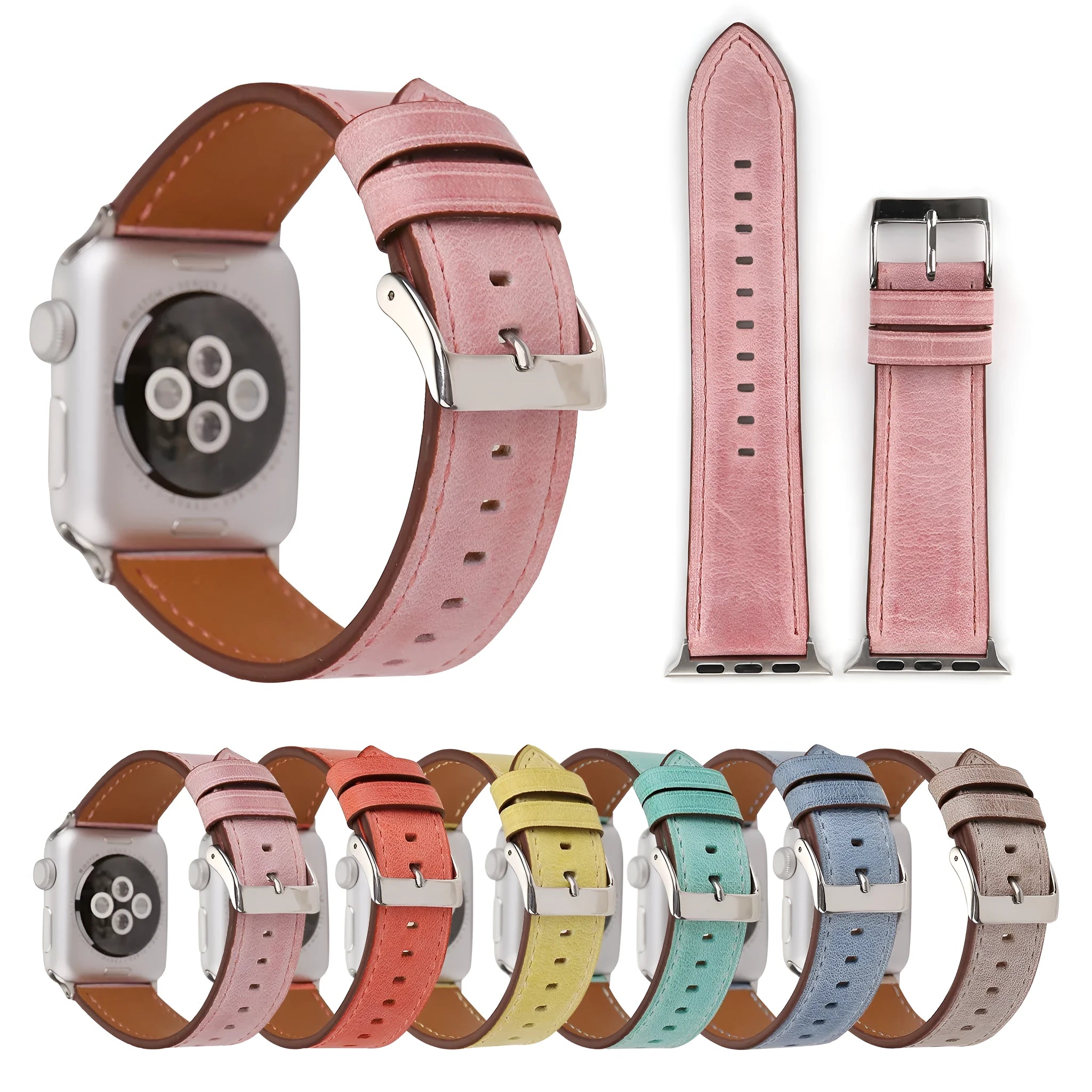 Blue leather watch strap with a silver folding buckle on a 42mm width setting.