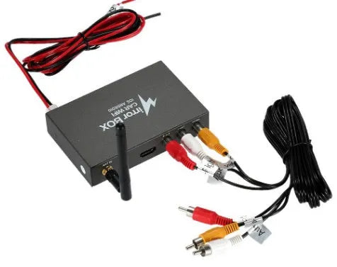 Black car Wi-Fi mirror box with AV converter, power cable, antenna and connection cables for smartphone integration