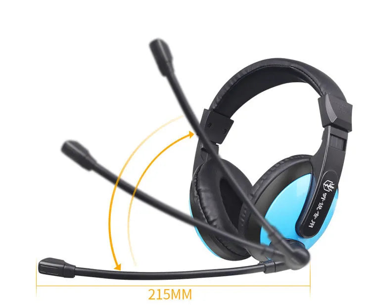 Blue and red wired gaming headset with over-ear cups and a boom microphone.