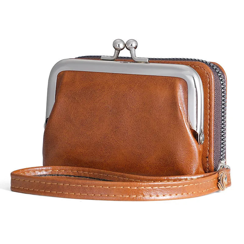 Ladies' buckle coin purse with a 4-inch metal clip attached, shown in available colours.
