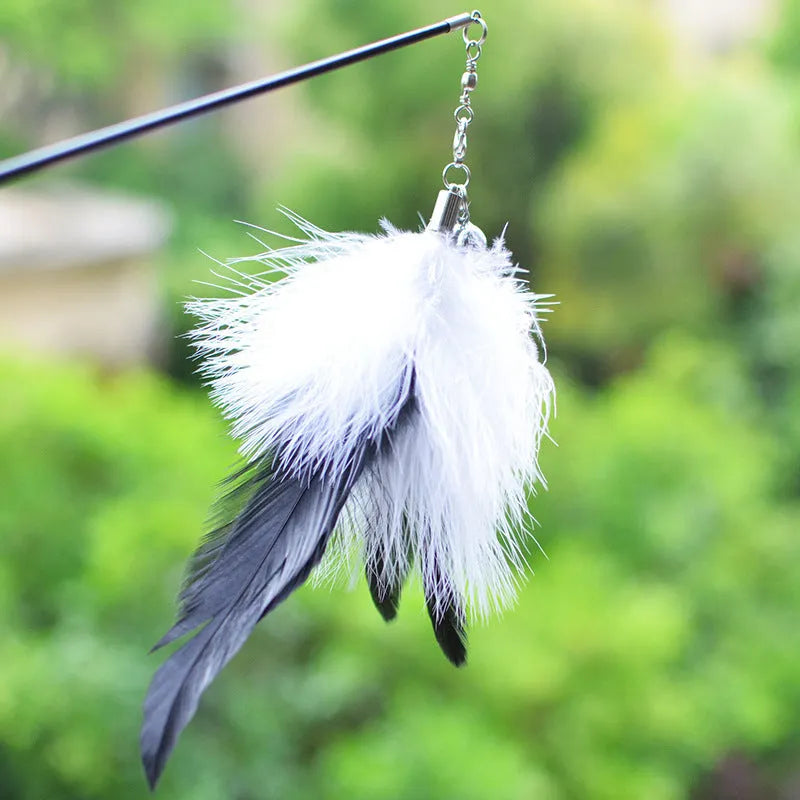 Cat toy funny cat stick with wooden handle, 80cm flexible rod, and black and white fur replacement heads