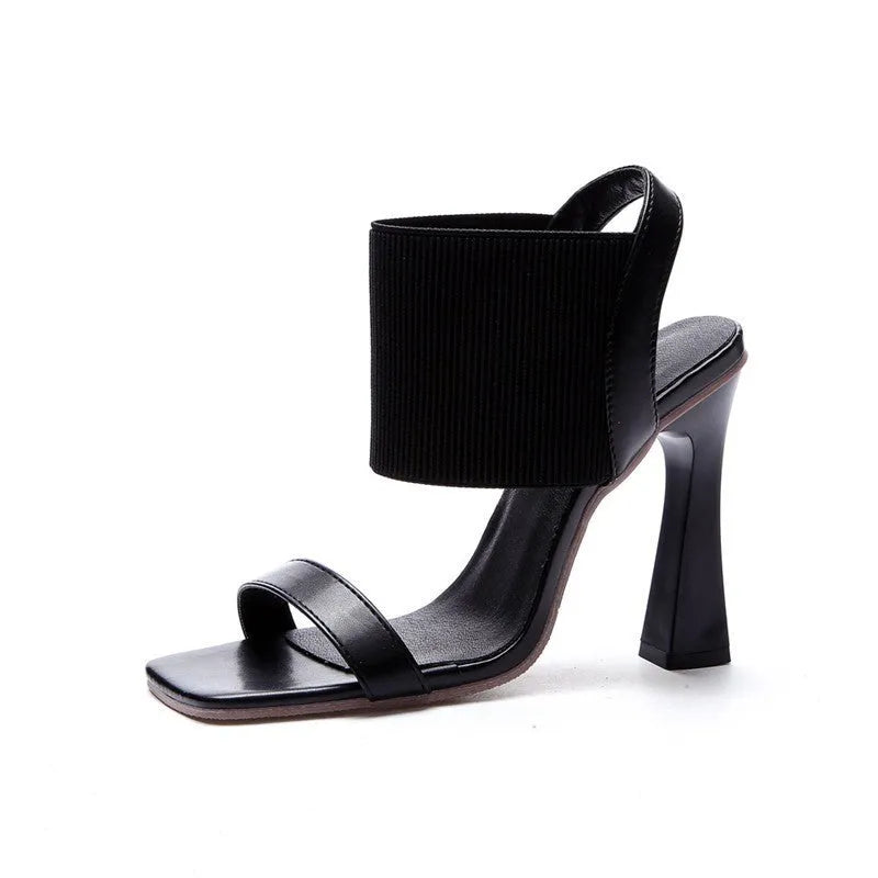 Women's high heel sandals with elastic straps in black, brown and milky white colours