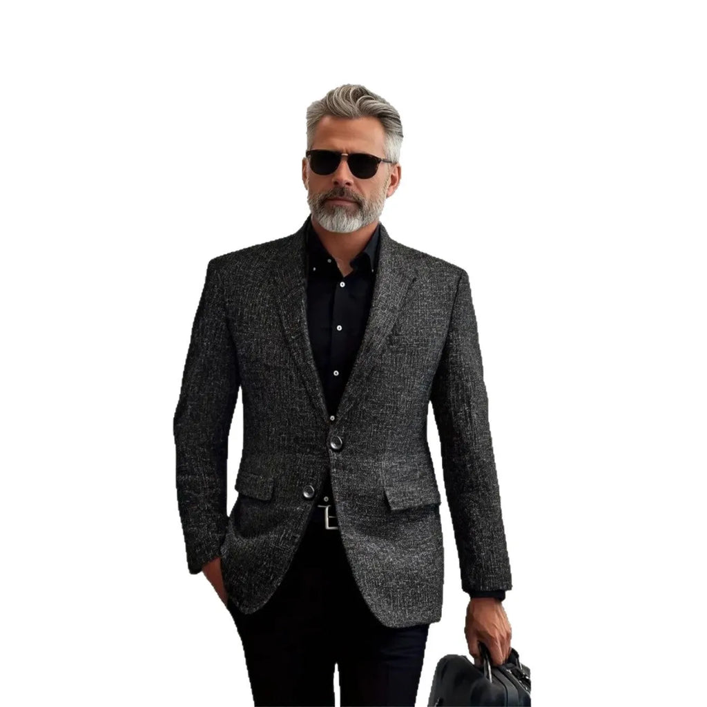 Men's single-breasted leisure suit jacket in polyester slim fit with size patch pockets, black colour, front view