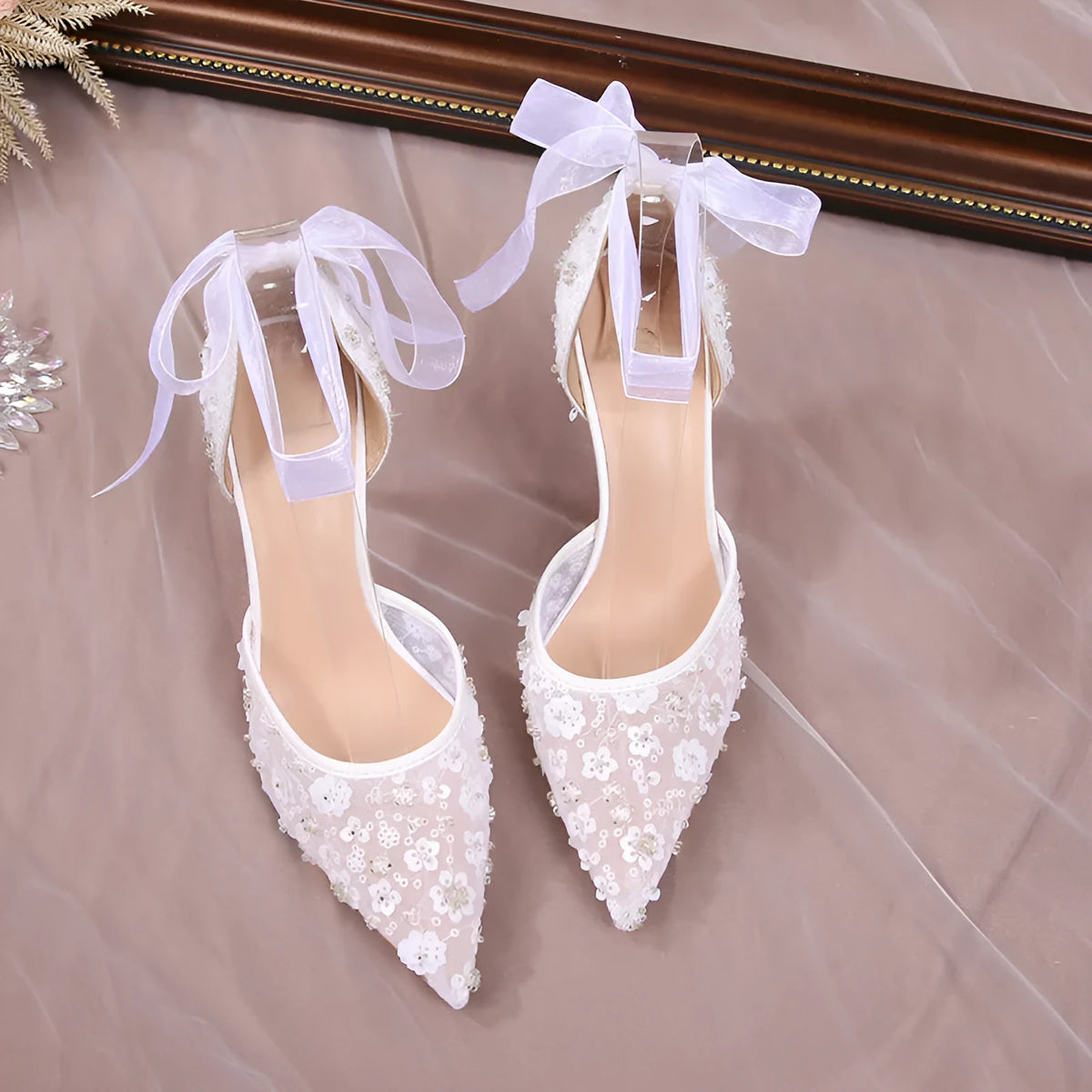 White satin women's sandals with sequin and hollowed design, pointed toe, high heel 6.5cm or 8.5cm
