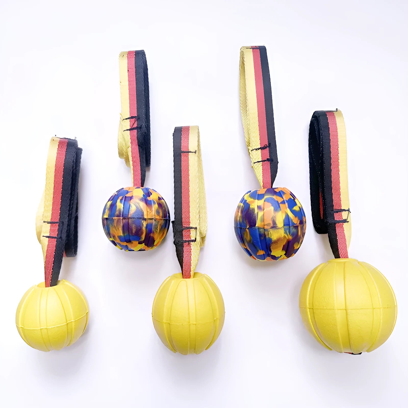 Camouflage and yellow floating pet tetherballs in three diameter sizes for water play