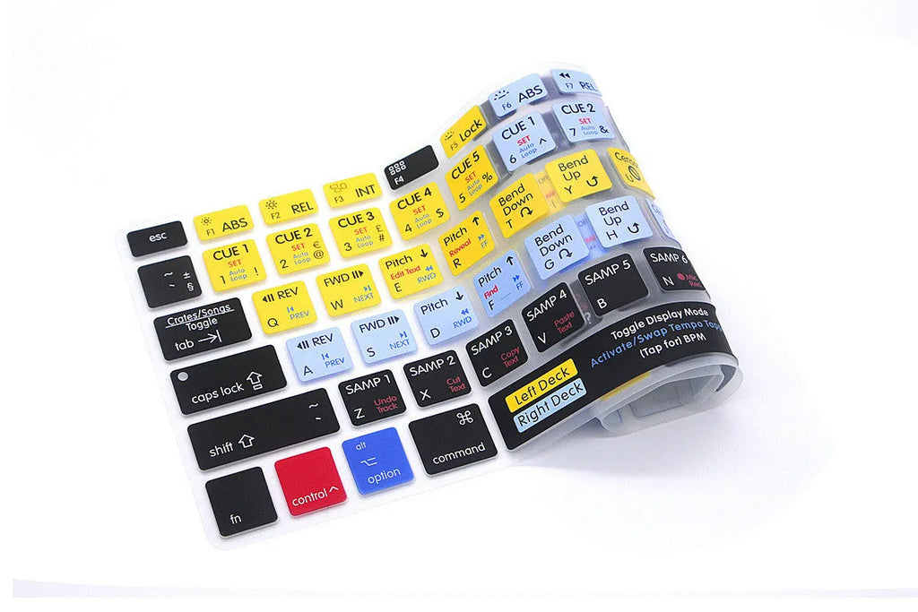 Silicone keyboard shortcut overlay film for MacBook Pro and Air, showing software hotkeys for music and video editing programs.