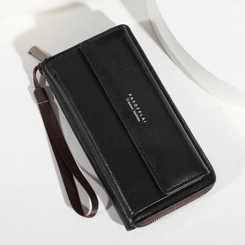 Men's black casual long PU leather wallet with multiple card slots shown open.