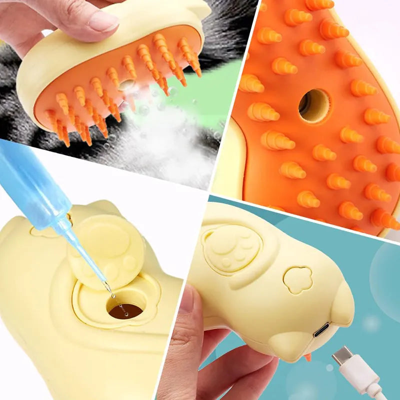 3-in-1 steam pet grooming brush with self-cleaning comb for cats and dogs