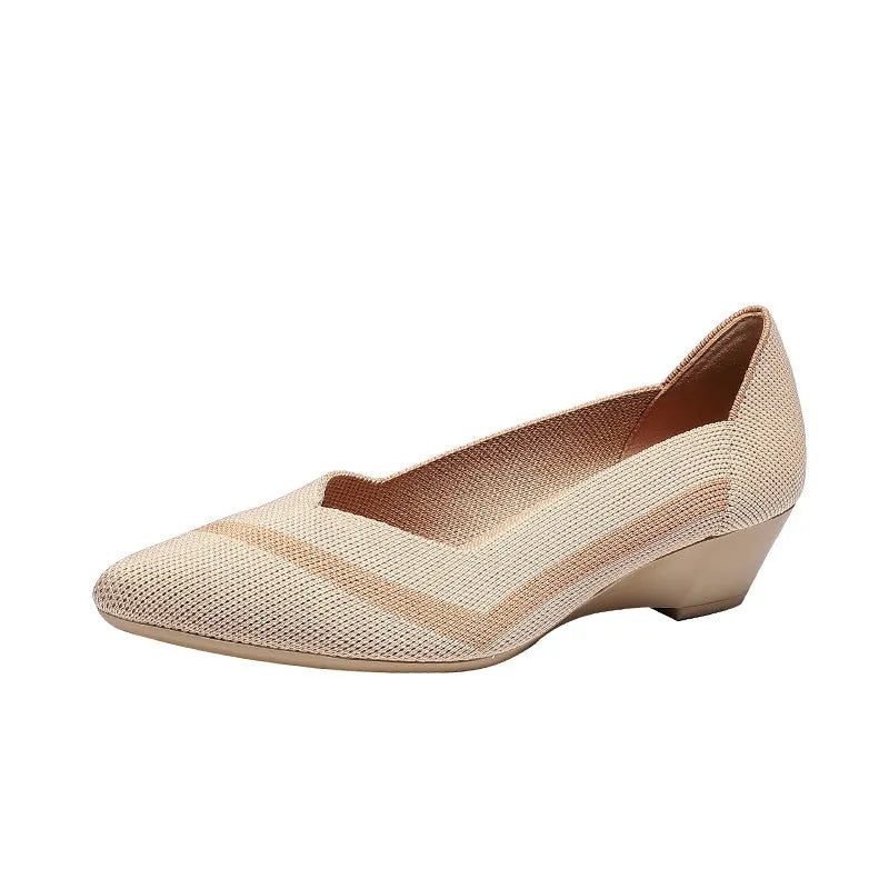 Women's knit wedge casual shoe in pearl grey with a 3-5cm heel and rubber sole.
