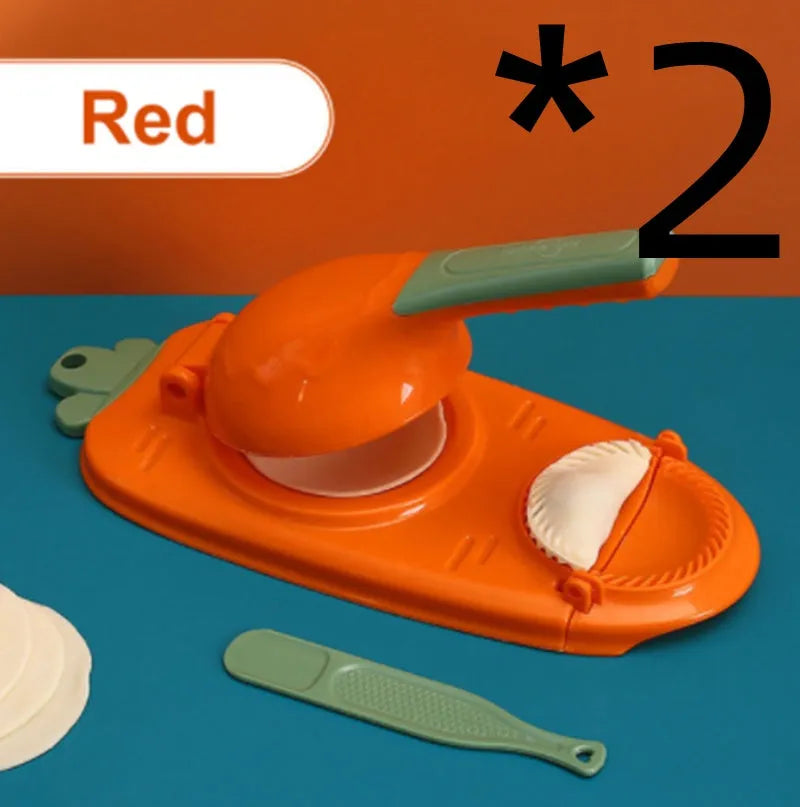 Orange and white plastic dumpling maker tool with ergonomic handle and hanging hole