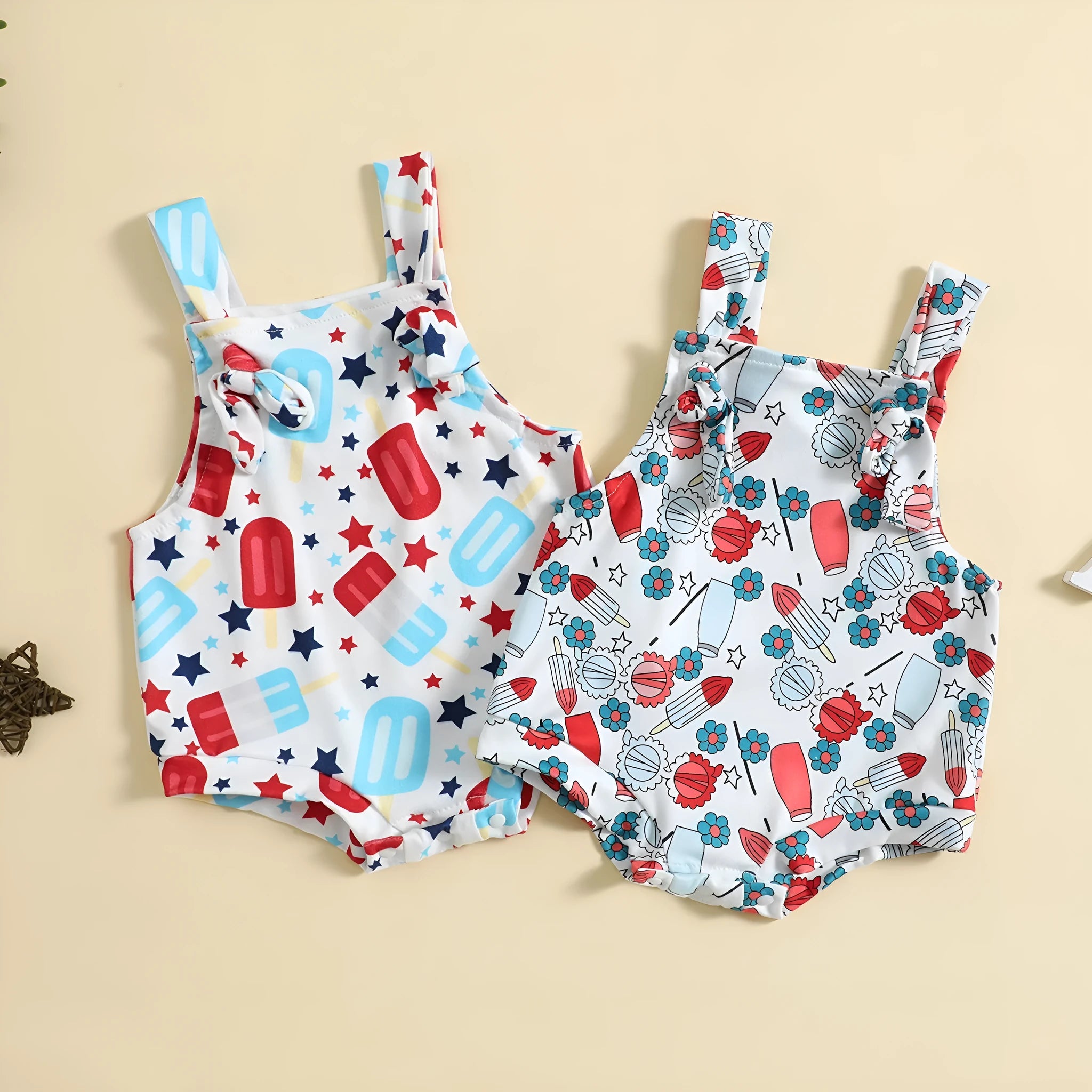 Baby girl wearing sleeveless triangle jumpsuit with front printed knotted suspenders in milk silk polyester fabric