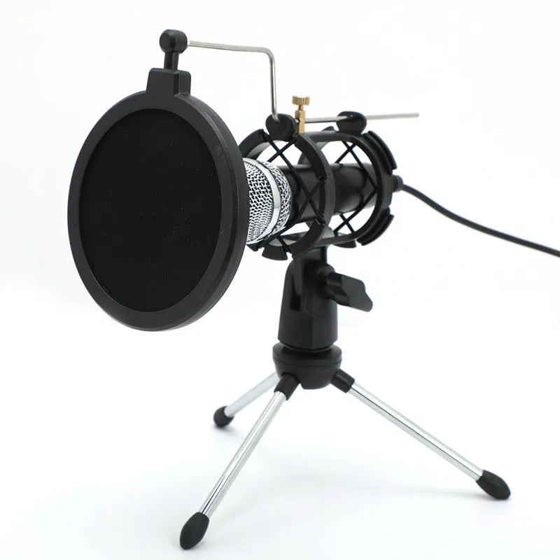 Black condenser microphone with aluminium stand for mobile streaming and live broadcast