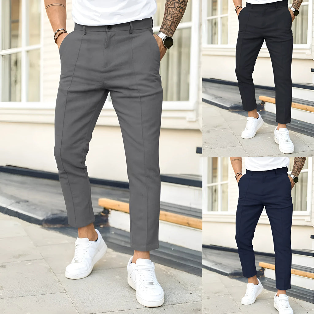 Men's double fold line solid colour casual skinny fit suit pants in black, cotton-polyester blend