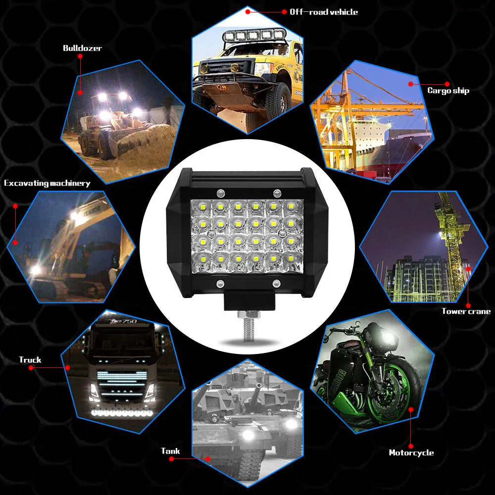 Black 4-row 72W LED light bar with aviation aluminium case and stainless steel bracket for vehicle mounting.