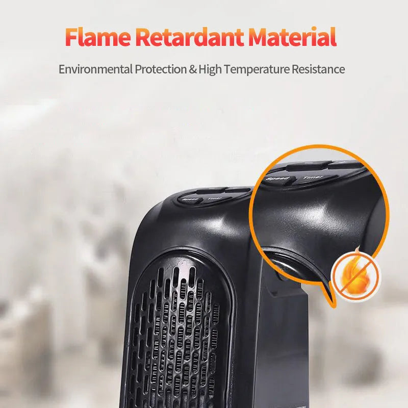 Black compact ceramic fan heater with control buttons on a white background.