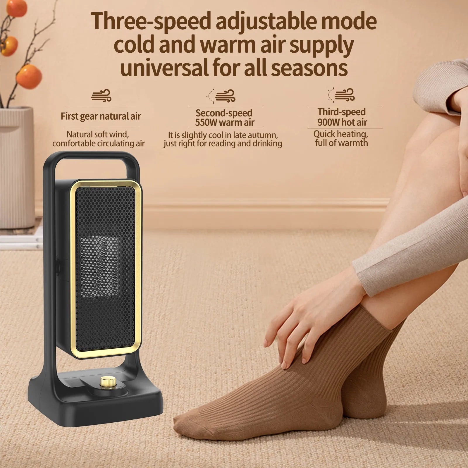 Compact desktop PTC air heater with knob control and multiple plug options