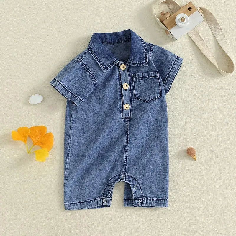 Blue western style solid colour short sleeve cotton romper for baby boys sizes 0 to 18 months