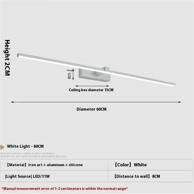 60x8cm black bathroom wall strip light with push button switch near mirror