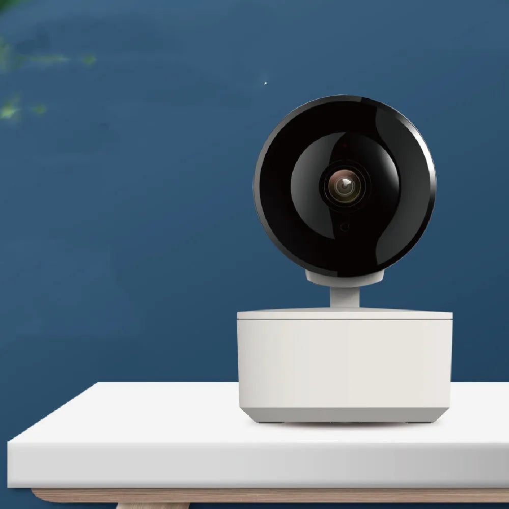 Smart Wi-Fi indoor security camera with pan-tilt mechanism showing 1080P video quality and motion detection