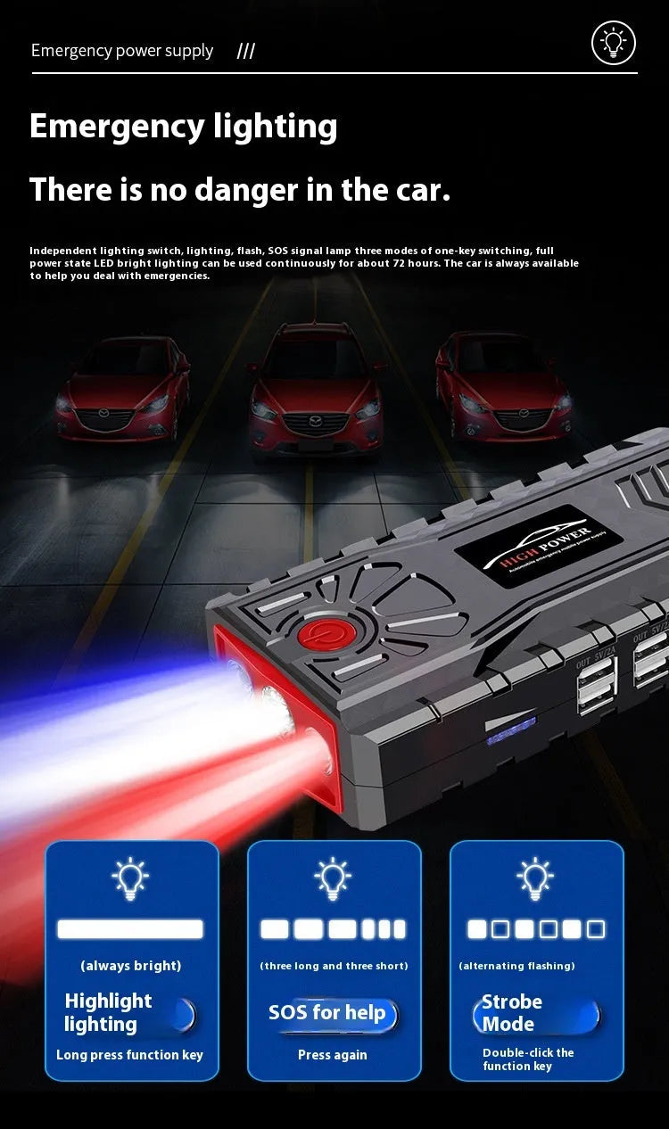 Portable automobile emergency jump starter power source with LED light in ABS toolbox-style casing.
