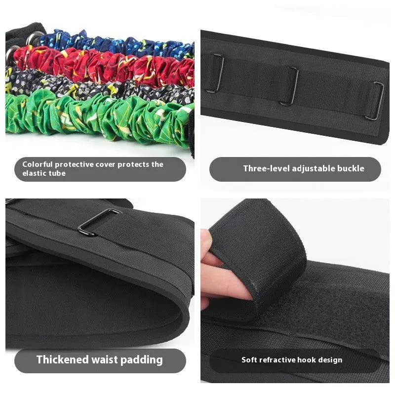 Fitness chest expander elastic belt with colour-coded sleeves indicating 100lb to 300lb resistance.