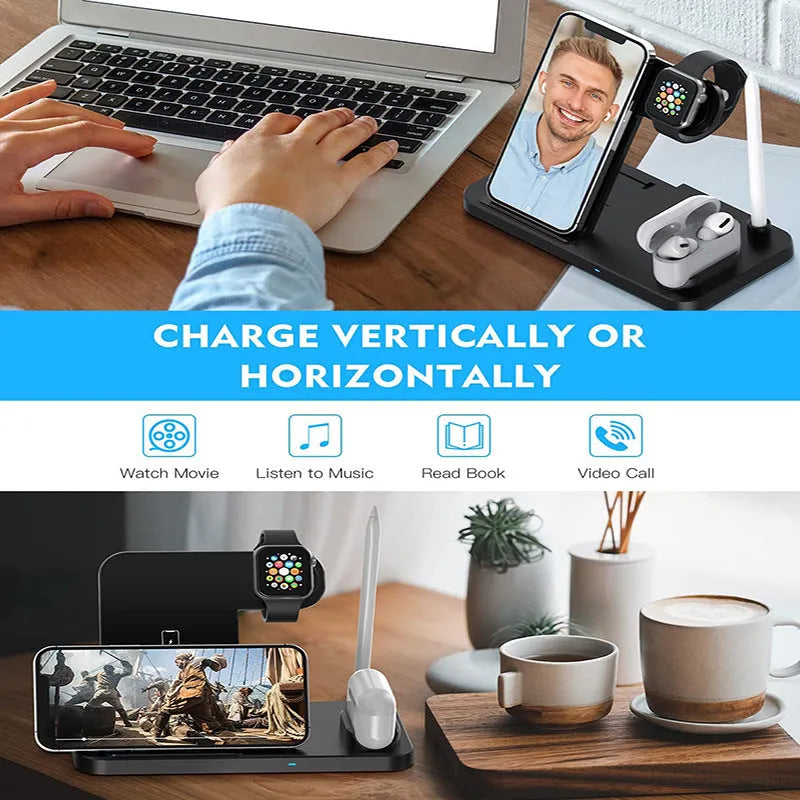 Black four-in-one wireless charging station with QC3.0 fast charging head for multiple devices