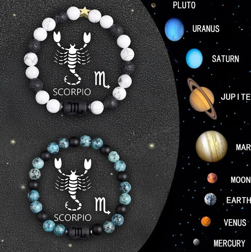 Pair of natural stone beaded bracelets with zodiac sign charms on a neutral background.