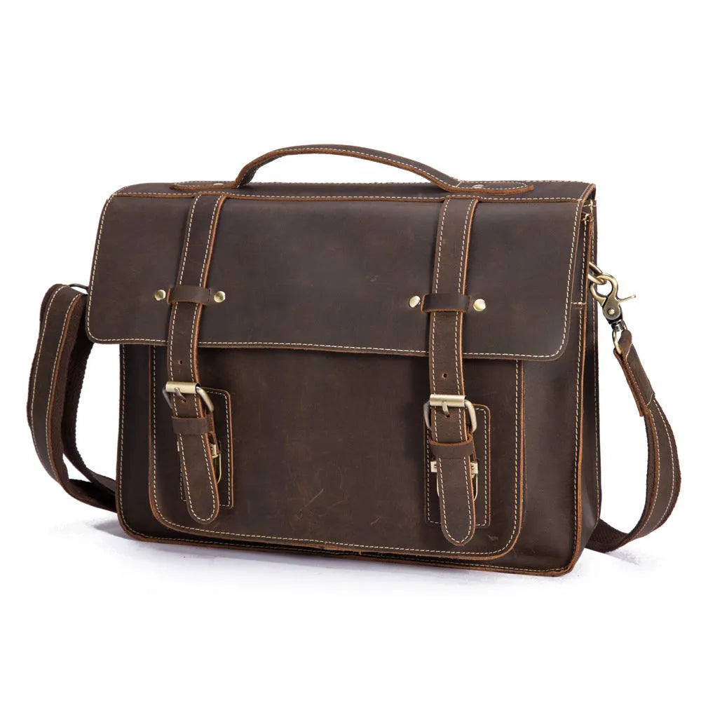 Men's dark brown first layer crazy horse leather handbag with shoulder strap and top handle, 36cm x 9cm x 27cm
