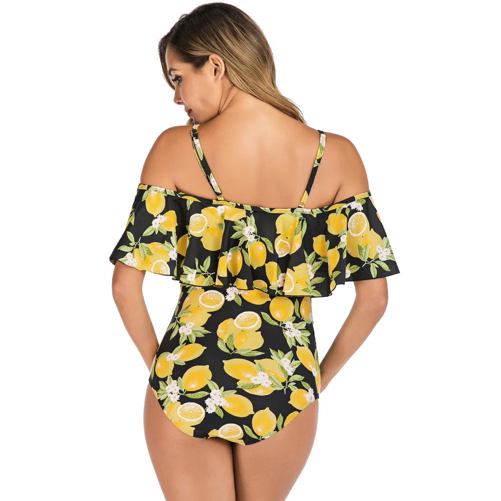 Ruffled one-piece maternity swimsuit in lemon nylon with chest pad option, Asian sizes S to XXL