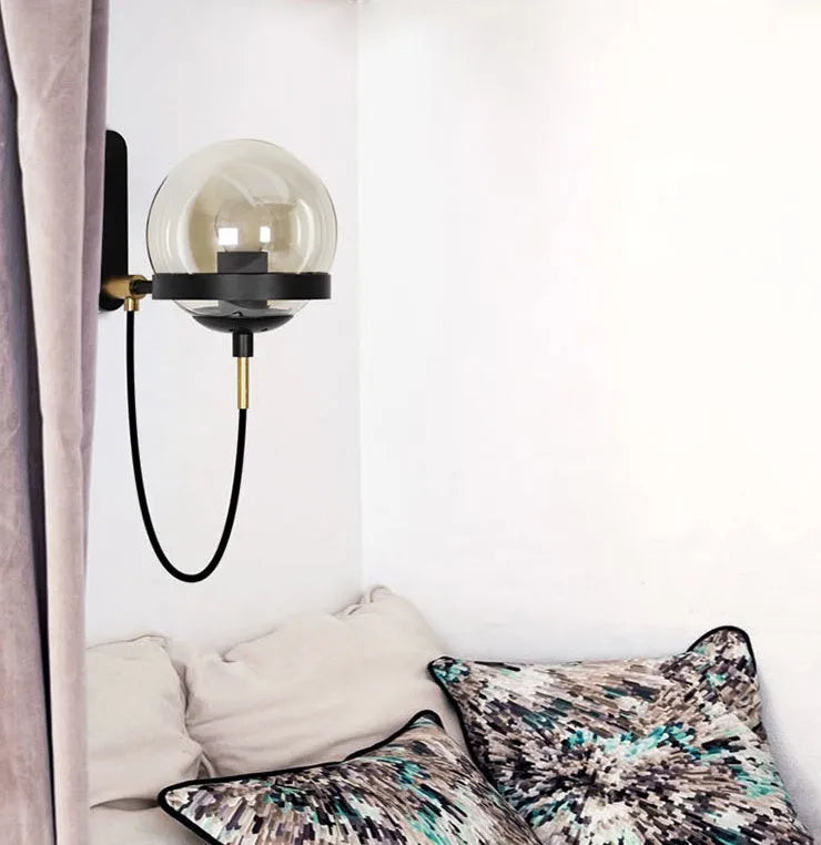 Modern retro wall lamp with glass shade in Nordic postmodern style, black finish, push button switch