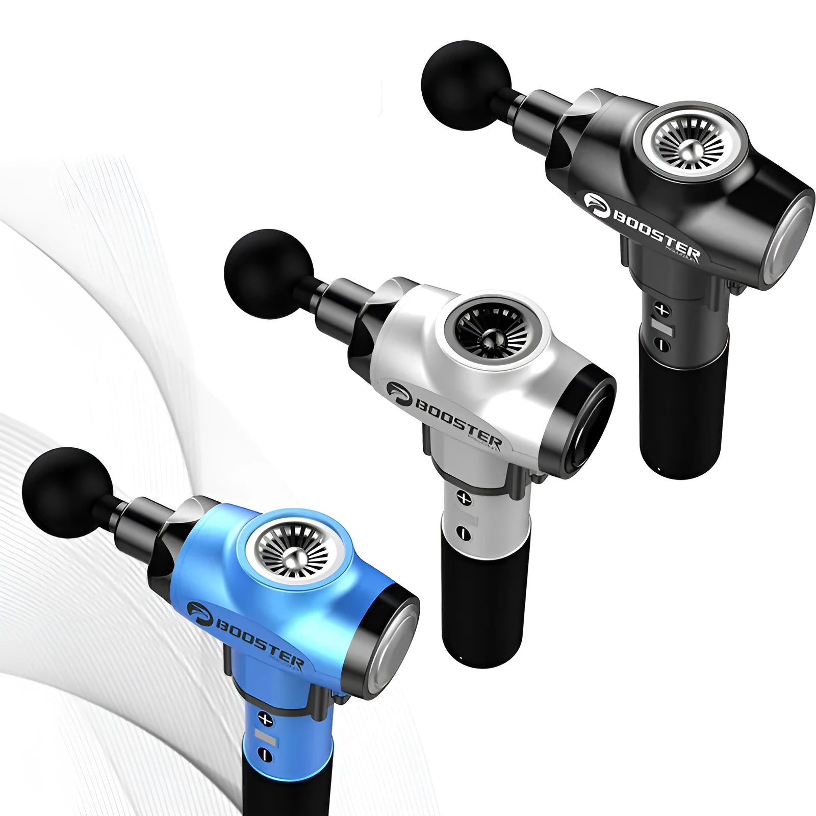Black and white muscle relaxation massager with lithium battery showing 1800-3200r/min speed and 12mm stroke specifications