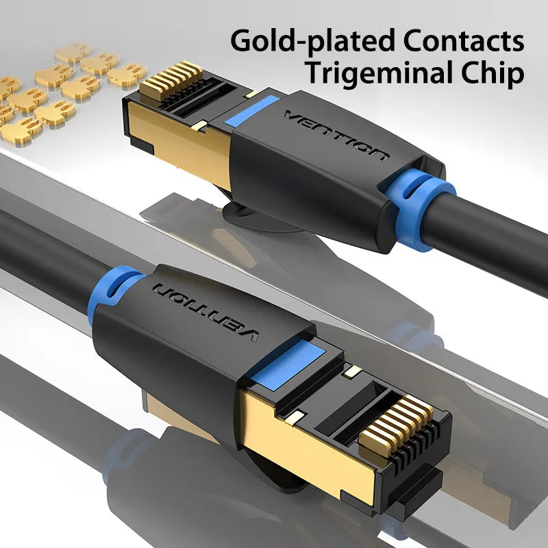 CAT8 shielded Ethernet network cable with RJ45 connectors, available in flat and round styles in various lengths.