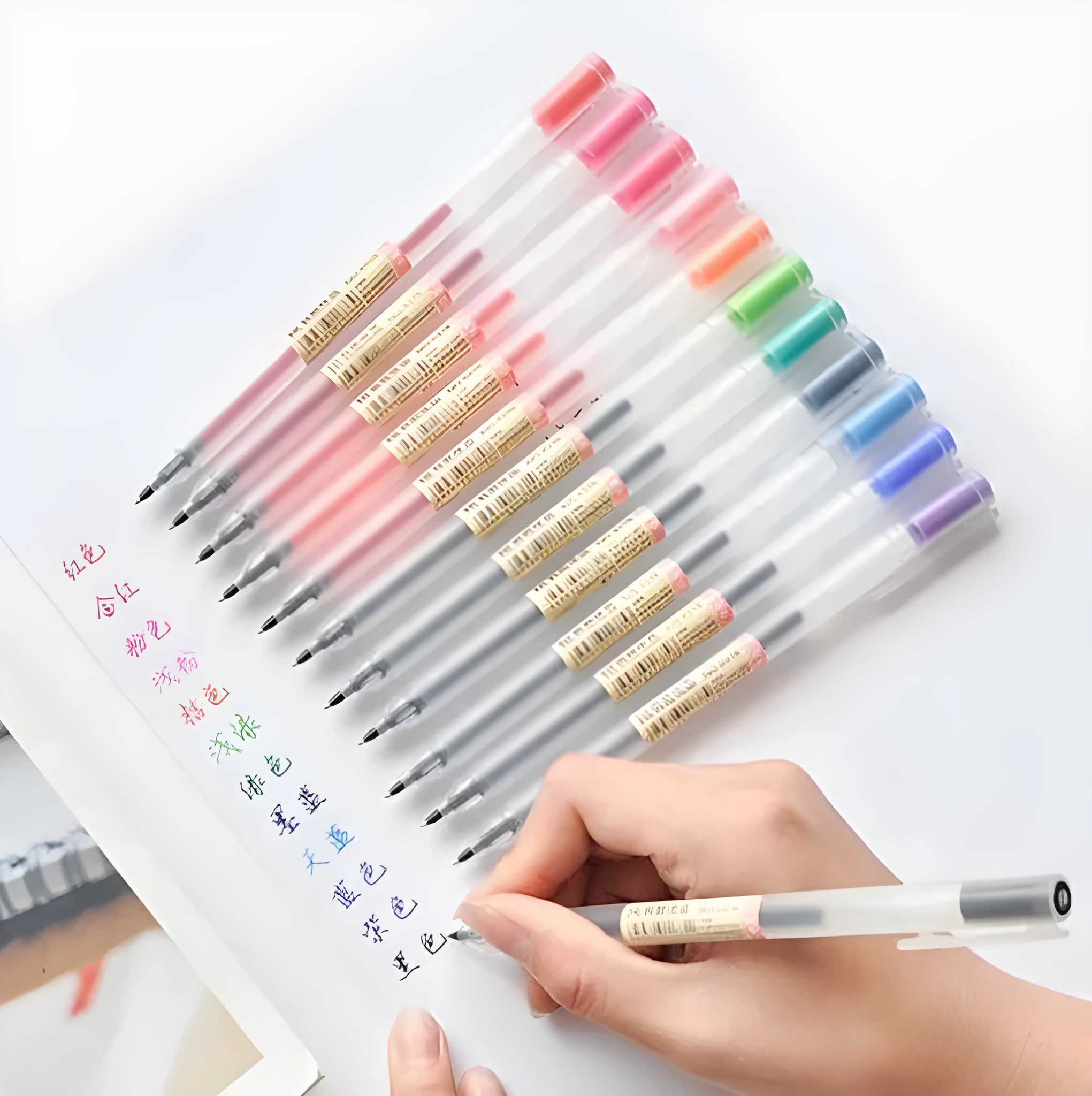 Muji 12-piece gel pen set with 0.5mm fine nib and blue aqueous ink.