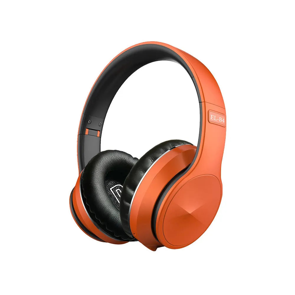 Black and silver folding over-ear headphones with a memory card slot, shown next to a USB charging cable.