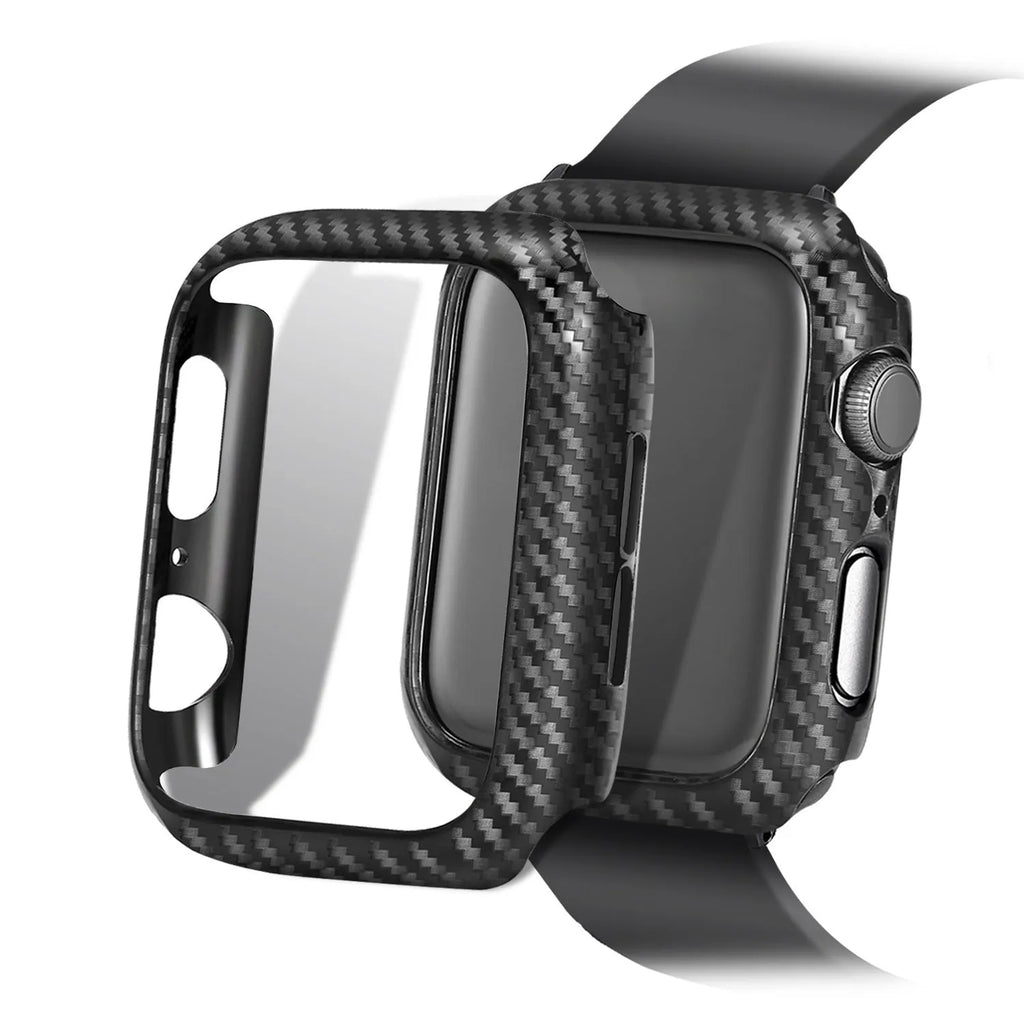 Apple Watch case with leather strap and carbon fibre elements in four colour options