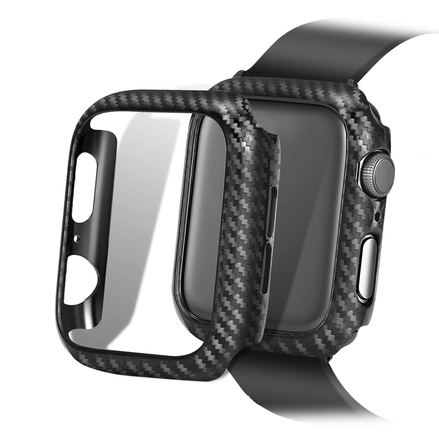Apple Watch case with leather strap and carbon fibre elements in four colour options